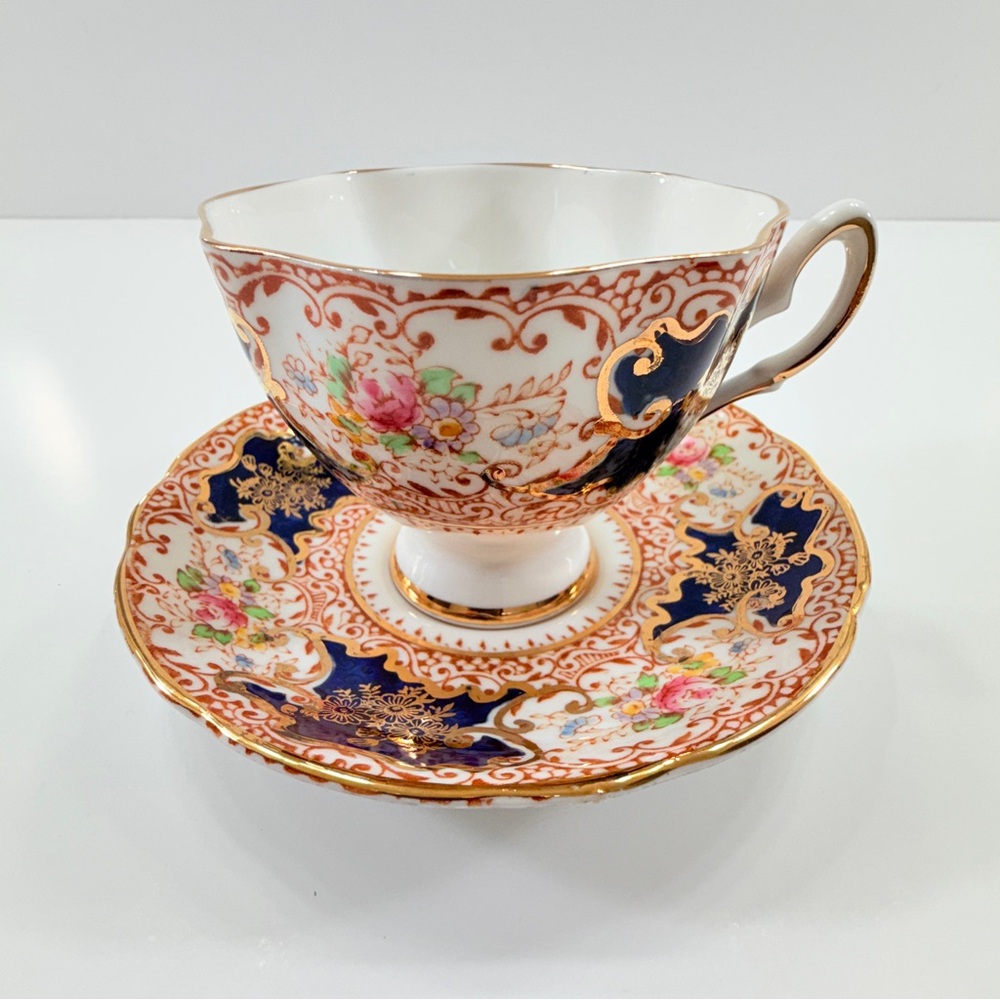 Salisbury Trio Footed Teacup Cup Saucer, Bone China Cobalt Blue Imari Floral Vtg